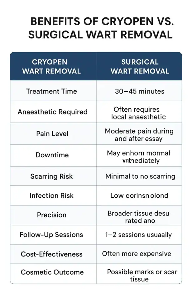 Table showing the benefits of cryopen to remove warts Woolwich compared to surgical treatment
